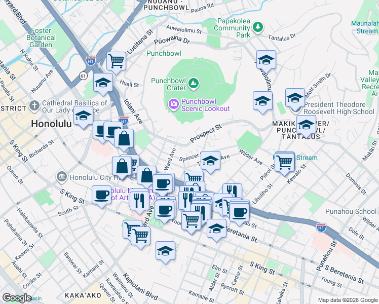 map of restaurants, bars, coffee shops, grocery stores, and more near 948 Spencer Street in Honolulu
