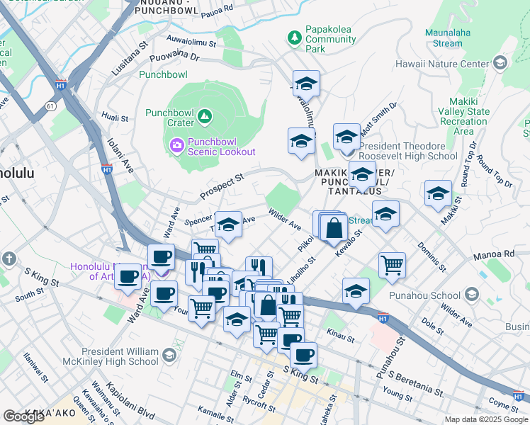 map of restaurants, bars, coffee shops, grocery stores, and more near 1589 Thurston Avenue in Honolulu