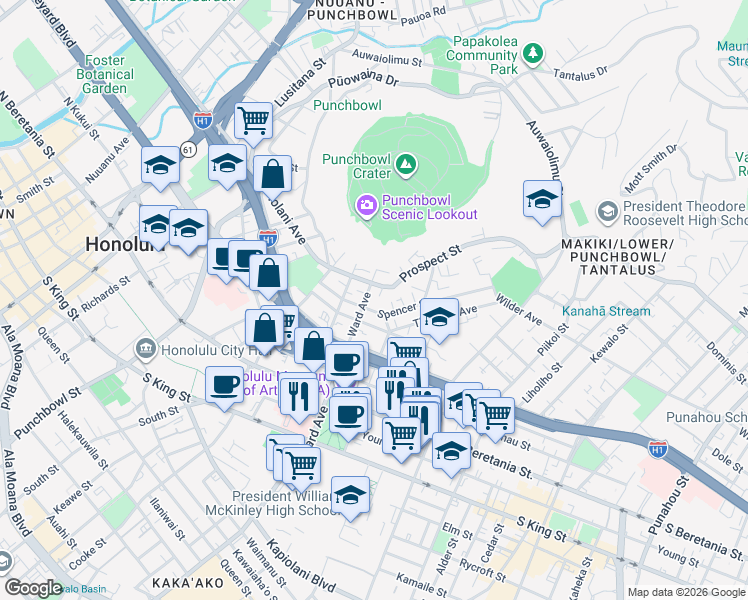 map of restaurants, bars, coffee shops, grocery stores, and more near 1515 Ward Avenue in Honolulu