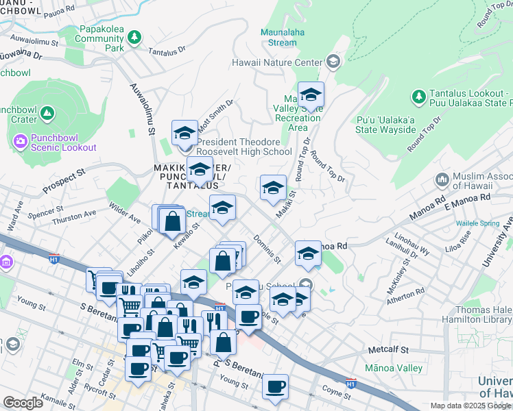 map of restaurants, bars, coffee shops, grocery stores, and more near 1408A Nehoa Street in Honolulu