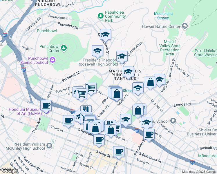 map of restaurants, bars, coffee shops, grocery stores, and more near 1649 Mott Smith Drive in Honolulu