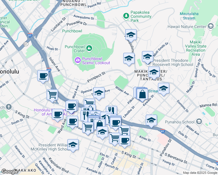 map of restaurants, bars, coffee shops, grocery stores, and more near 1560 Thurston Avenue in Honolulu