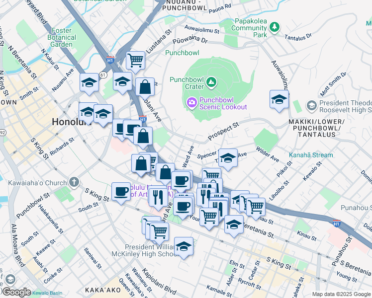 map of restaurants, bars, coffee shops, grocery stores, and more near in Honolulu