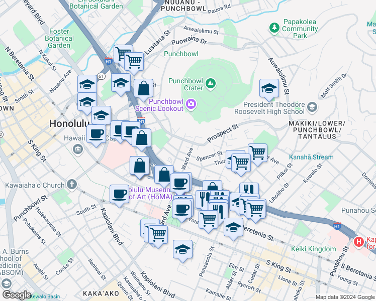 map of restaurants, bars, coffee shops, grocery stores, and more near 1516 Ward Avenue in Honolulu