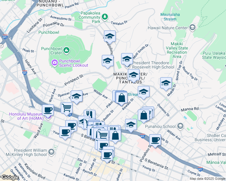 map of restaurants, bars, coffee shops, grocery stores, and more near 1649 Mott Smith Drive in Honolulu
