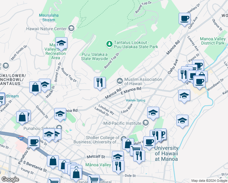 map of restaurants, bars, coffee shops, grocery stores, and more near 2406 Manoa Road in Honolulu