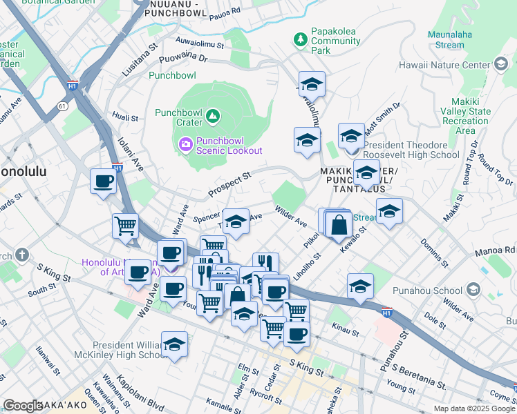 map of restaurants, bars, coffee shops, grocery stores, and more near 1560 Thurston Avenue in Honolulu