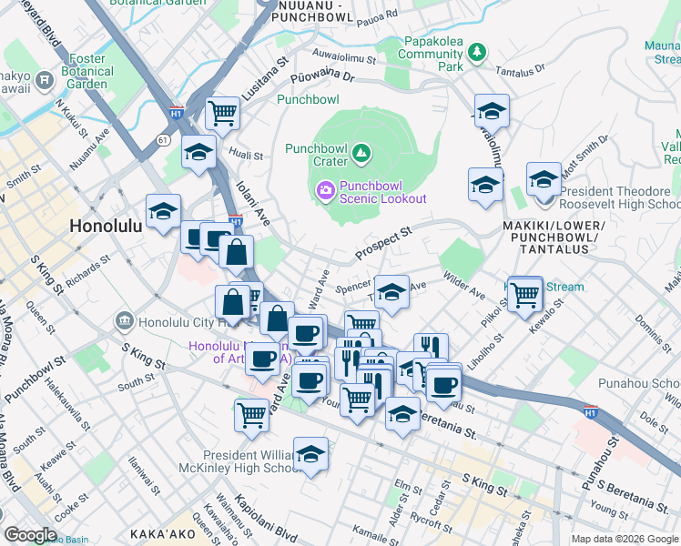 map of restaurants, bars, coffee shops, grocery stores, and more near 948 Spencer Street in Honolulu