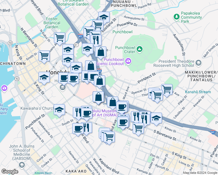 map of restaurants, bars, coffee shops, grocery stores, and more near 15 Magellan Avenue in Honolulu