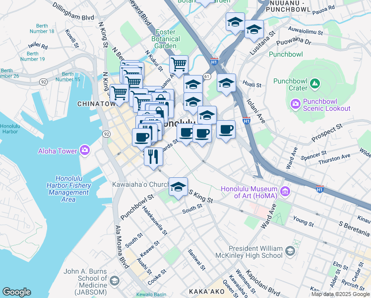 map of restaurants, bars, coffee shops, grocery stores, and more near 415 South Beretania Street in Honolulu