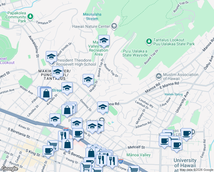 map of restaurants, bars, coffee shops, grocery stores, and more near 2056 Okika Place in Honolulu