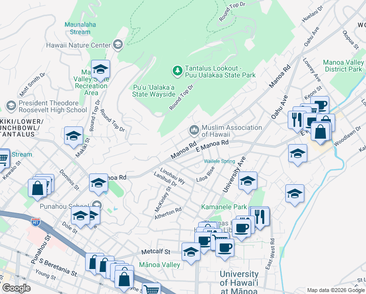 map of restaurants, bars, coffee shops, grocery stores, and more near 2416 Manoa Road in Honolulu