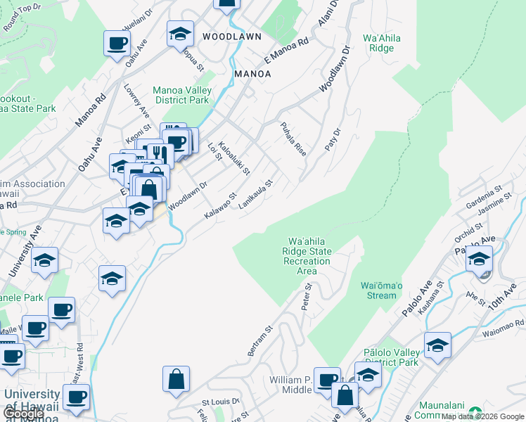 map of restaurants, bars, coffee shops, grocery stores, and more near 3055 Woolsey Place in Honolulu
