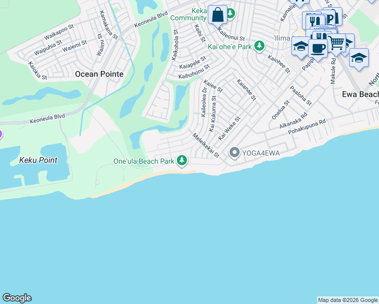 map of restaurants, bars, coffee shops, grocery stores, and more near 91-1366 Halili Street in Ewa Beach