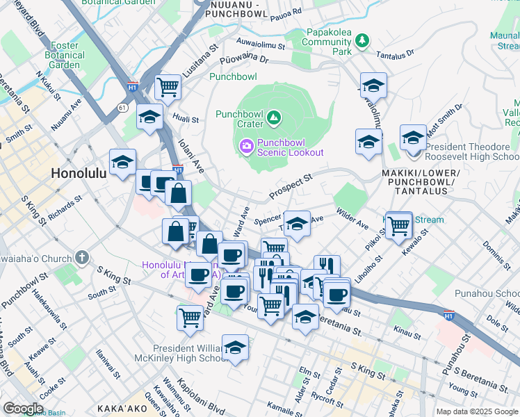 map of restaurants, bars, coffee shops, grocery stores, and more near 927 Prospect Street in Honolulu