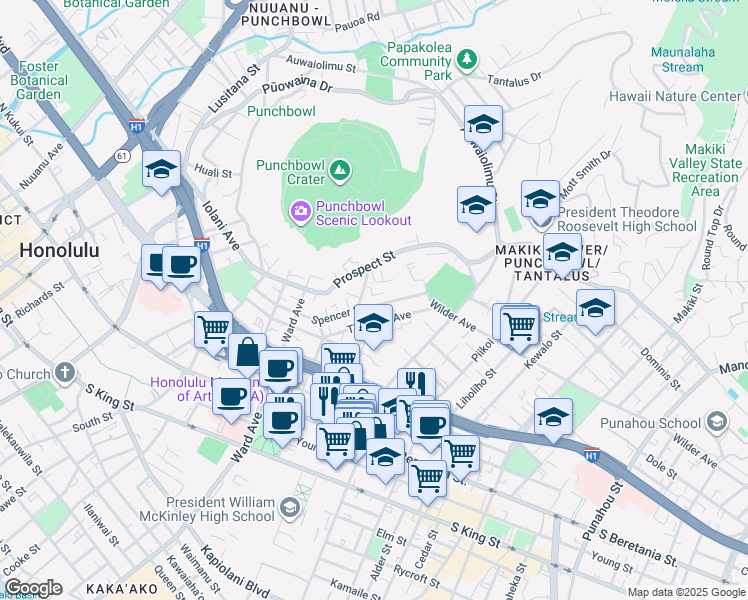 map of restaurants, bars, coffee shops, grocery stores, and more near 1011 Spencer Street in Honolulu