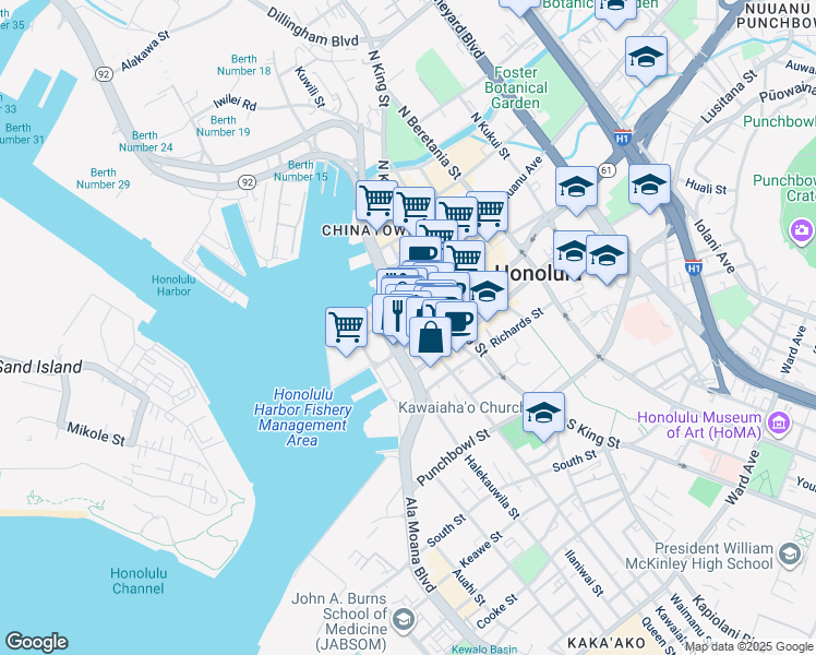 map of restaurants, bars, coffee shops, grocery stores, and more near 700 Bishop Street in Honolulu