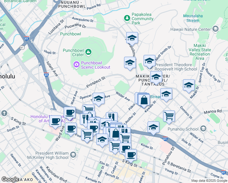 map of restaurants, bars, coffee shops, grocery stores, and more near 1589 Thurston Avenue in Honolulu