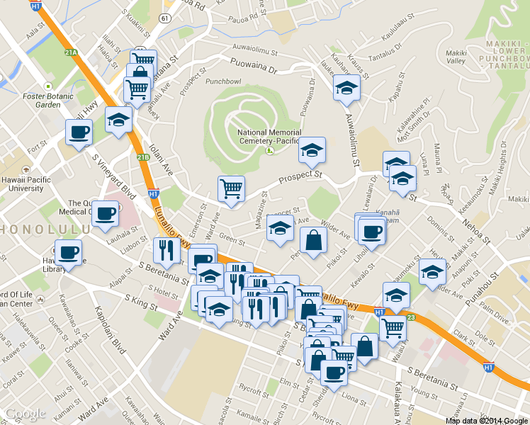 map of restaurants, bars, coffee shops, grocery stores, and more near 1011 Spencer Street in Honolulu