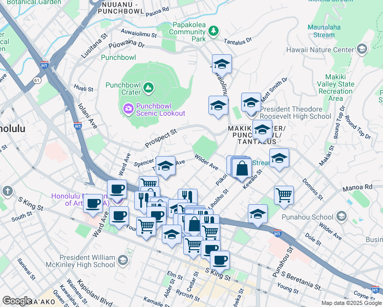 map of restaurants, bars, coffee shops, grocery stores, and more near 1025 Wilder Avenue in Honolulu