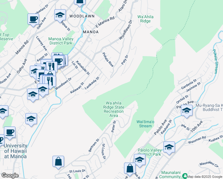 map of restaurants, bars, coffee shops, grocery stores, and more near 3081B Paty Drive in Honolulu