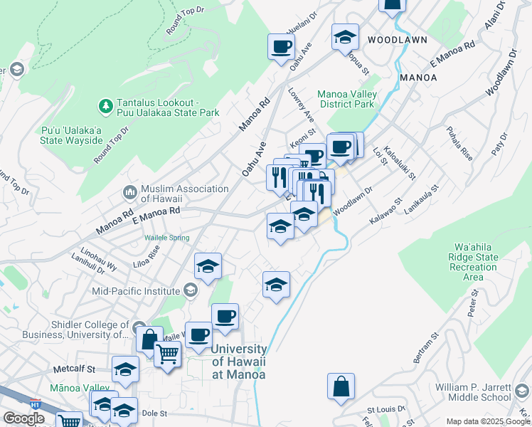 map of restaurants, bars, coffee shops, grocery stores, and more near 2517 Pamoa Road in Honolulu