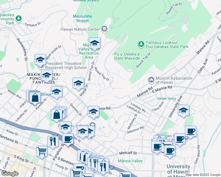 map of restaurants, bars, coffee shops, grocery stores, and more near 1901 Judd Hillside Road in Honolulu