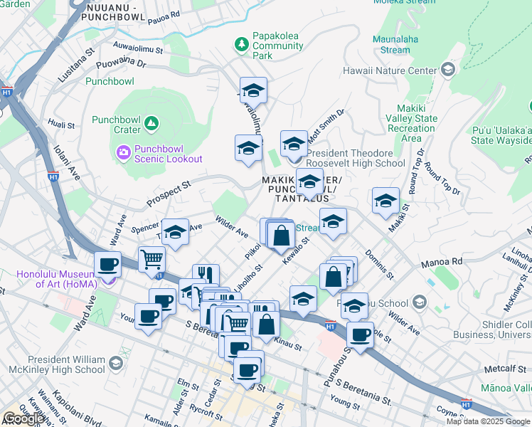 map of restaurants, bars, coffee shops, grocery stores, and more near 1649 Mott Smith Drive in Honolulu