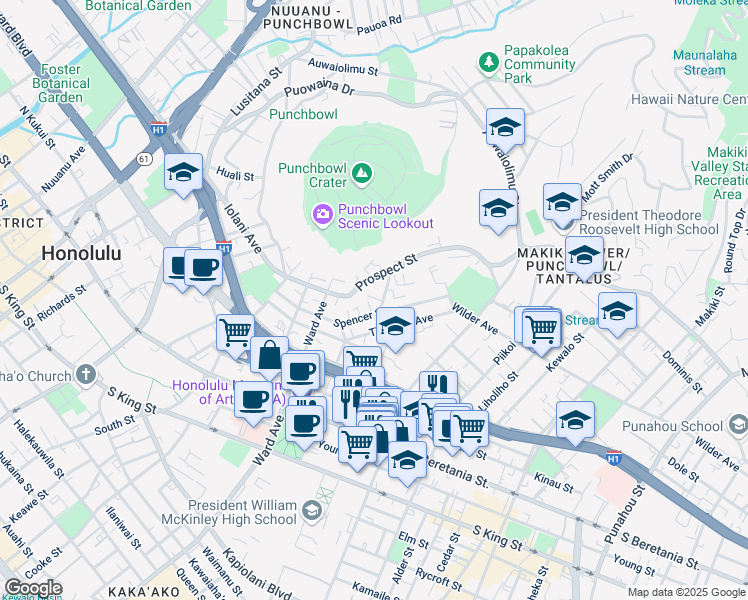 map of restaurants, bars, coffee shops, grocery stores, and more near 1011 Spencer Street in Honolulu
