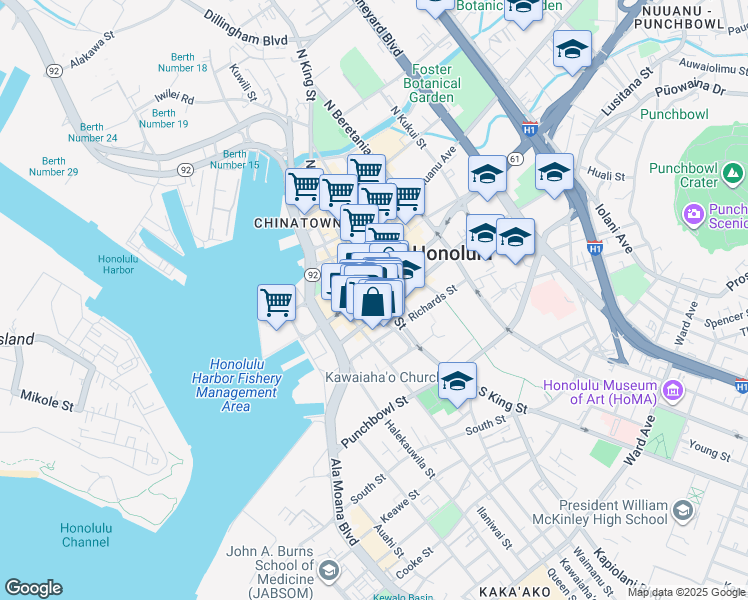 map of restaurants, bars, coffee shops, grocery stores, and more near 195 South King Street in Honolulu