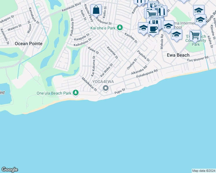 map of restaurants, bars, coffee shops, grocery stores, and more near 91 Pohakupuna Road in Ewa Beach