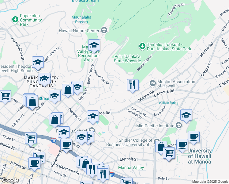 map of restaurants, bars, coffee shops, grocery stores, and more near 1288 Puu Alii Place in Honolulu