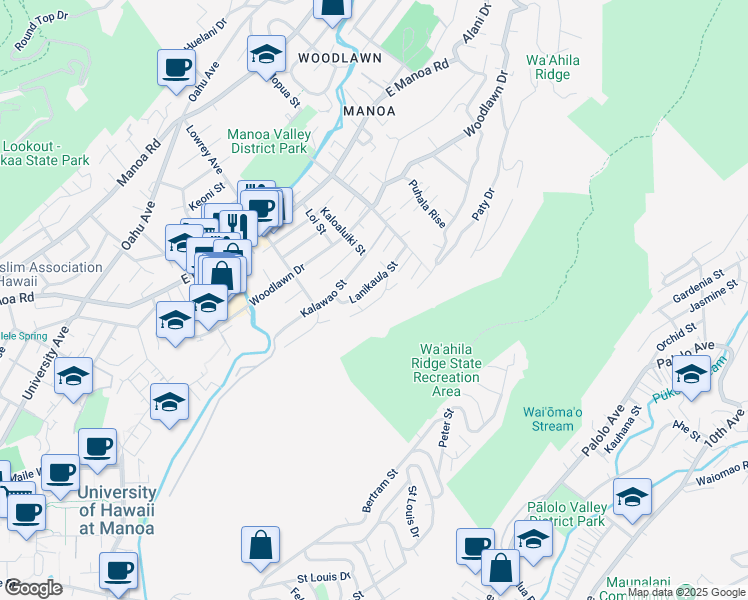 map of restaurants, bars, coffee shops, grocery stores, and more near 3015 Woolsey Place in Honolulu