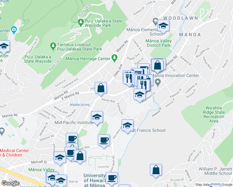 map of restaurants, bars, coffee shops, grocery stores, and more near 2517 Pamoa Road in Honolulu
