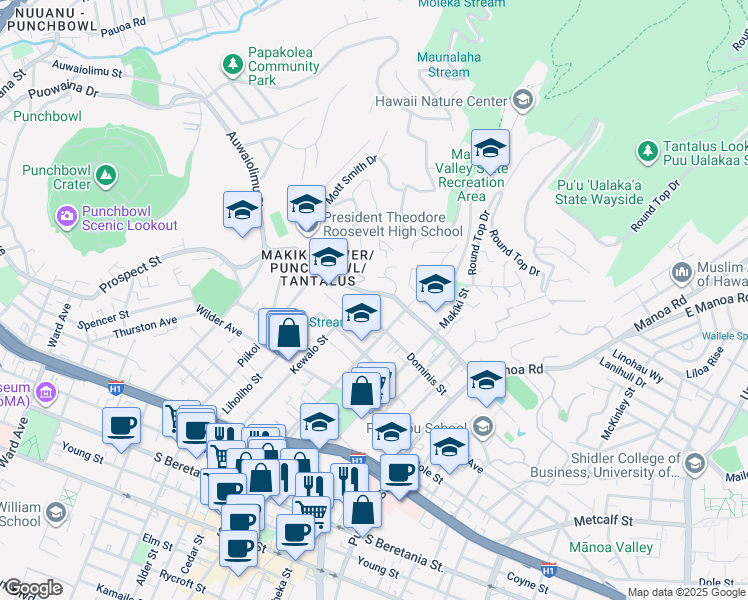 map of restaurants, bars, coffee shops, grocery stores, and more near 1330 Dominis Street in Honolulu