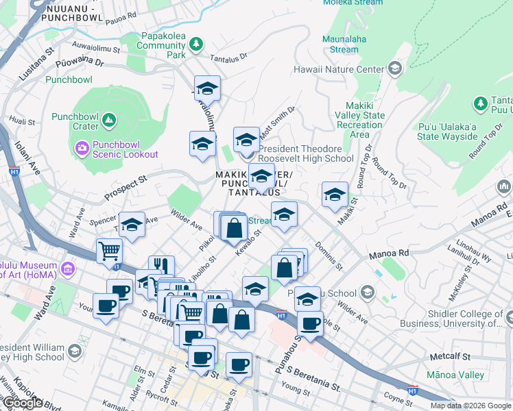 map of restaurants, bars, coffee shops, grocery stores, and more near 1654 Liholiho Street in Honolulu