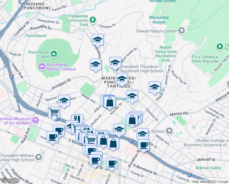 map of restaurants, bars, coffee shops, grocery stores, and more near 1654 Liholiho Street in Honolulu