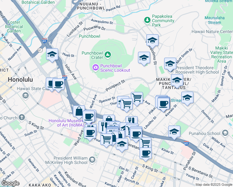 map of restaurants, bars, coffee shops, grocery stores, and more near 1011 Spencer Street in Honolulu