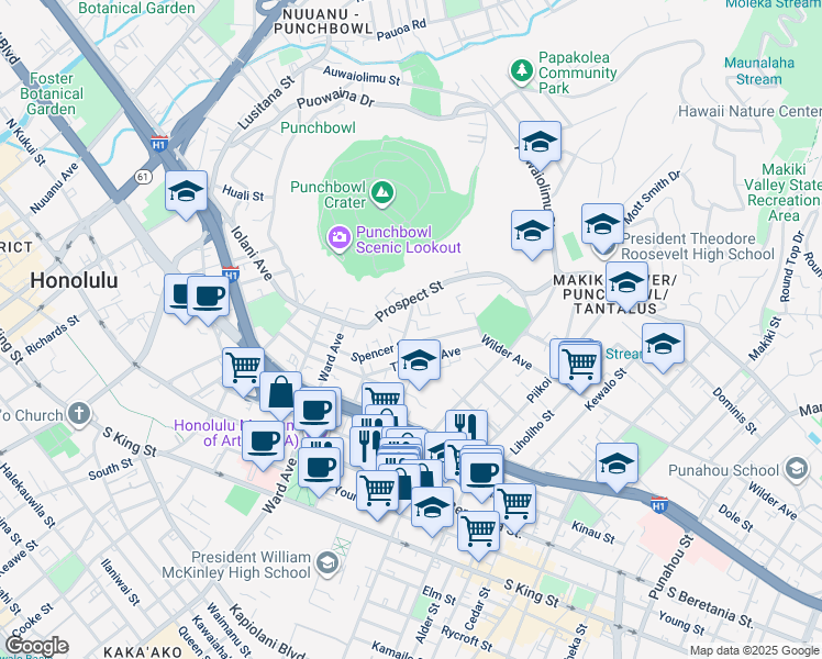 map of restaurants, bars, coffee shops, grocery stores, and more near 1011 Spencer Street in Honolulu