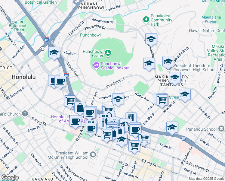 map of restaurants, bars, coffee shops, grocery stores, and more near 1540 Magazine Street in Honolulu