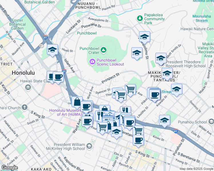 map of restaurants, bars, coffee shops, grocery stores, and more near 1011 Spencer Street in Honolulu