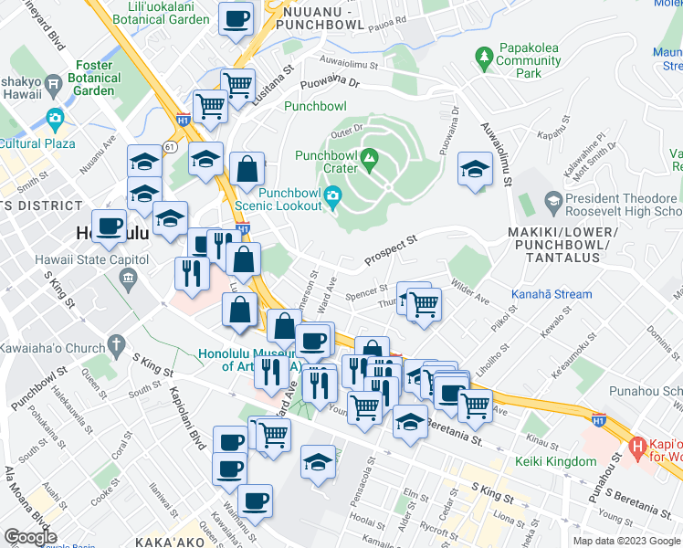 map of restaurants, bars, coffee shops, grocery stores, and more near in Honolulu
