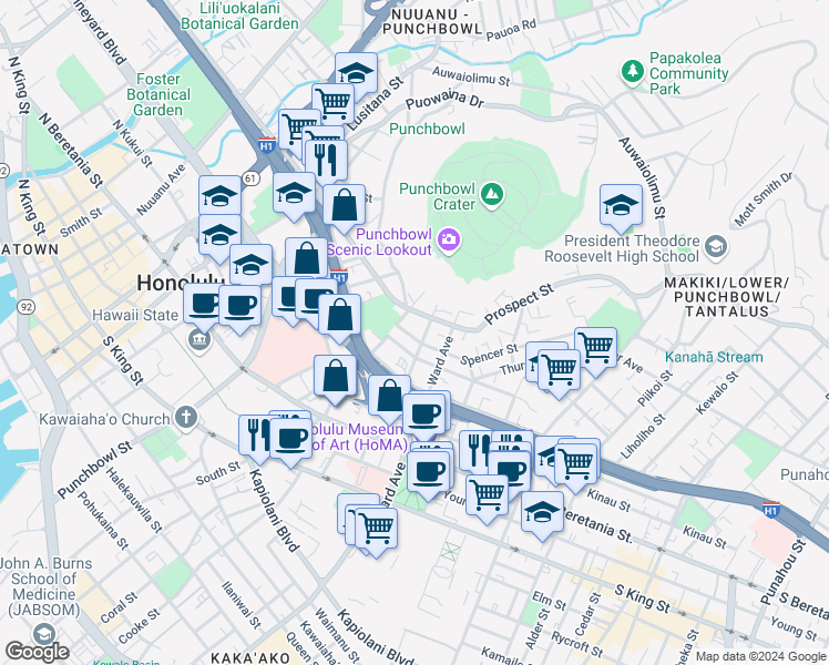 map of restaurants, bars, coffee shops, grocery stores, and more near 732 Green Street in Honolulu