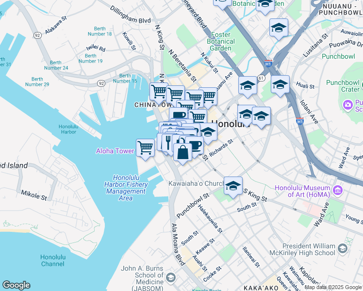 map of restaurants, bars, coffee shops, grocery stores, and more near 700 Bishop Street in Honolulu