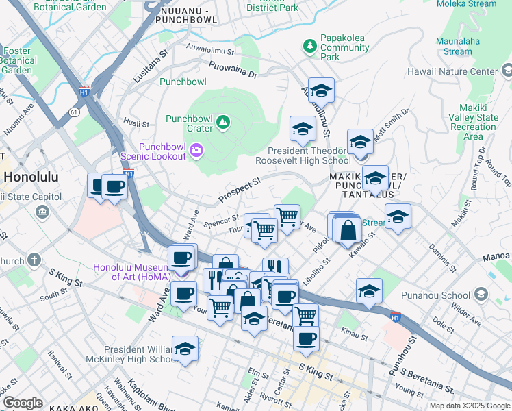 map of restaurants, bars, coffee shops, grocery stores, and more near 1031 Maunaihi Place in Honolulu