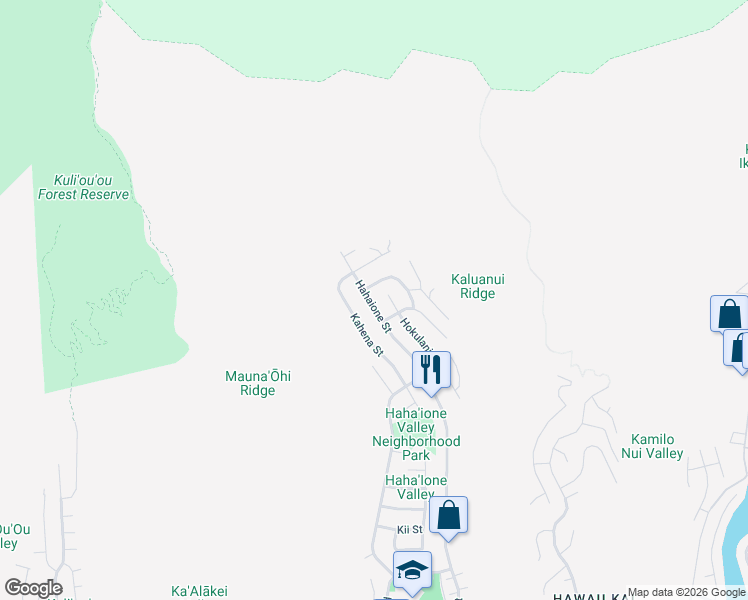 map of restaurants, bars, coffee shops, grocery stores, and more near 926 Hahaione Street in Honolulu