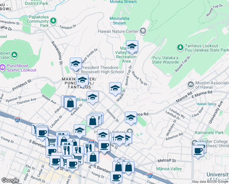 map of restaurants, bars, coffee shops, grocery stores, and more near 1922 Makiki Street in Honolulu