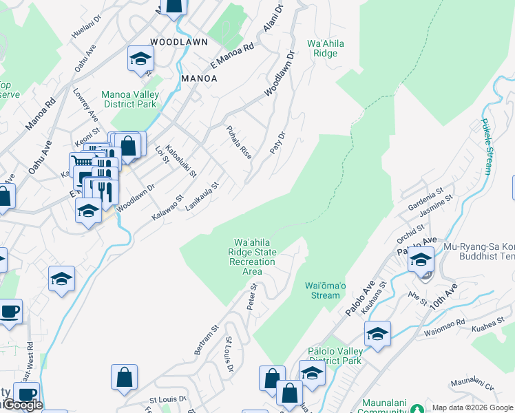 map of restaurants, bars, coffee shops, grocery stores, and more near 3081B Paty Drive in Honolulu