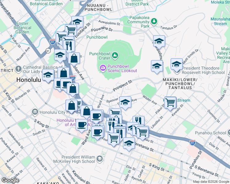 map of restaurants, bars, coffee shops, grocery stores, and more near 949 Prospect Street in Honolulu