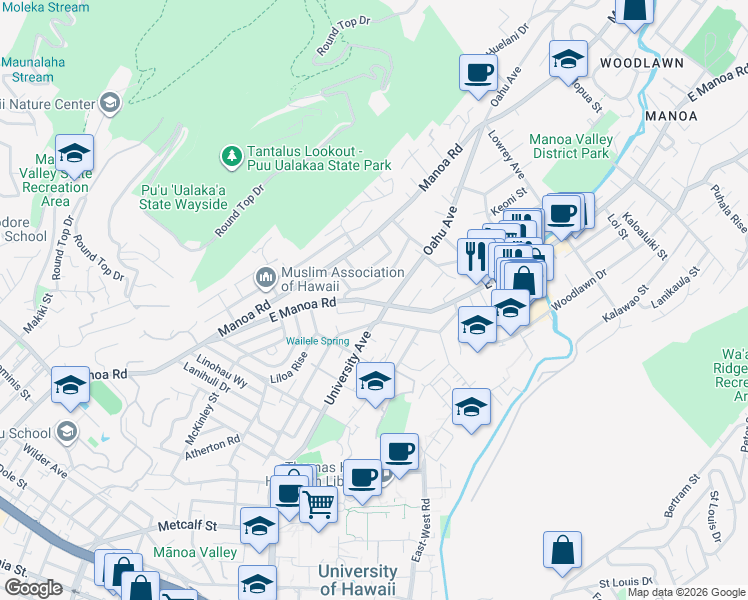 map of restaurants, bars, coffee shops, grocery stores, and more near 2542 East Manoa Road in Honolulu